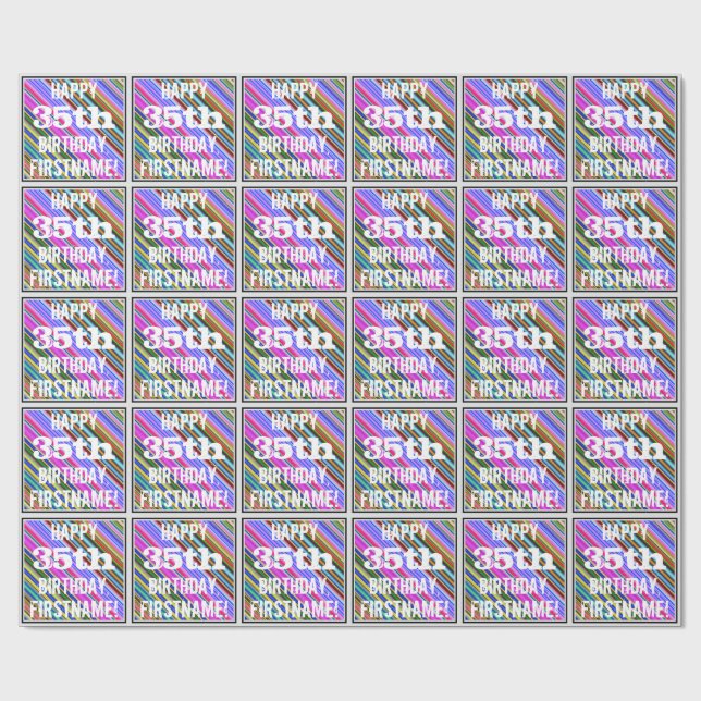 Vibrant, Colourful 35th Birthday + Custom Name Wrapping Paper (Flat)