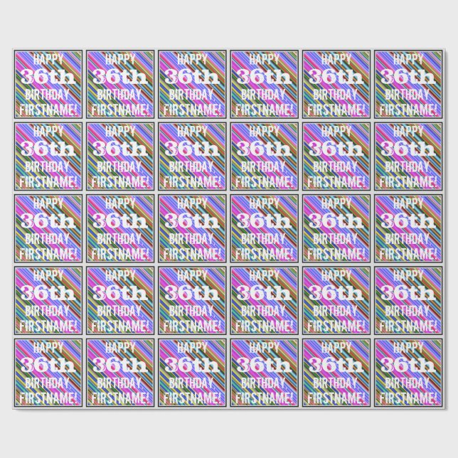 Vibrant, Colourful 36th Birthday + Custom Name Wrapping Paper (Flat)
