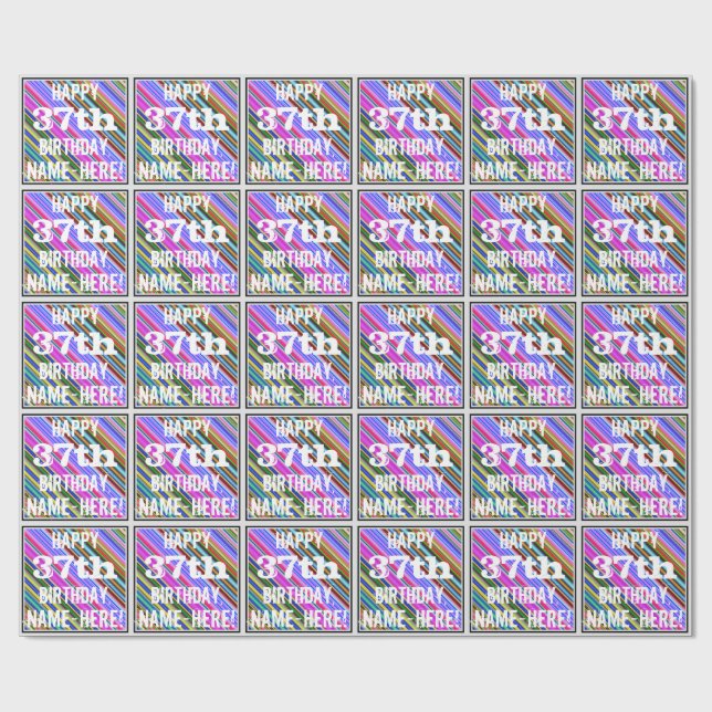 Vibrant, Colourful 37th Birthday + Custom Name Wrapping Paper (Flat)