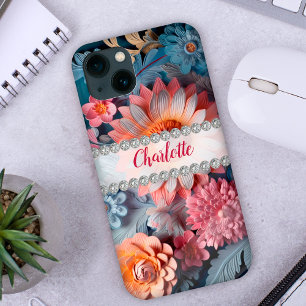 Vibrant colourful 3D flowers, diamond frame custom iPhone 13 Case