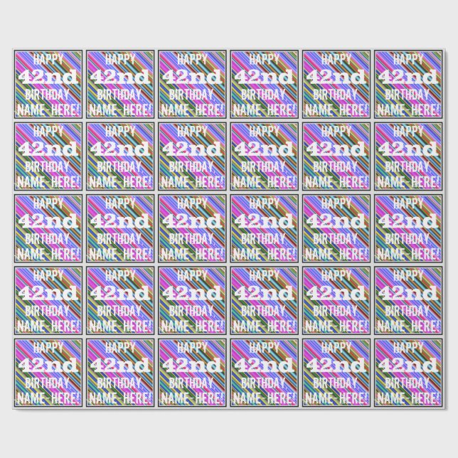 Vibrant, Colourful 42nd Birthday + Custom Name Wrapping Paper (Flat)