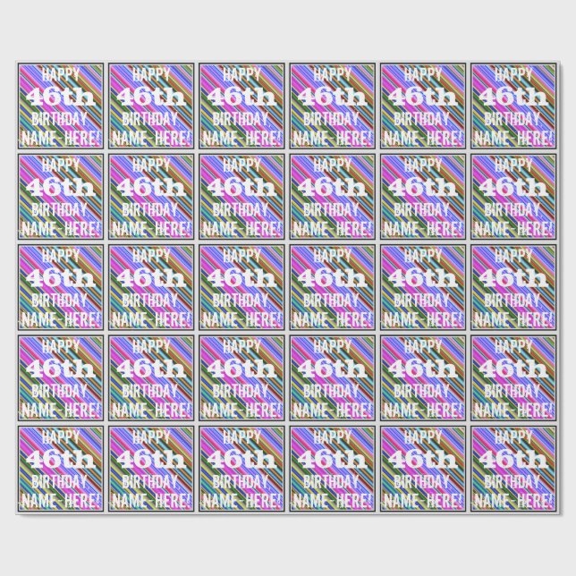 Vibrant, Colourful 46th Birthday + Custom Name Wrapping Paper (Flat)
