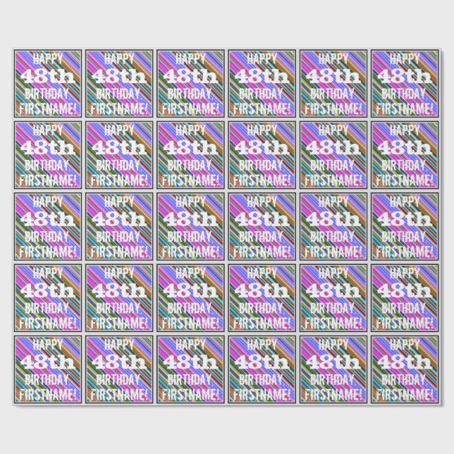 Vibrant, Colourful 48th Birthday + Custom Name Wrapping Paper (Flat)