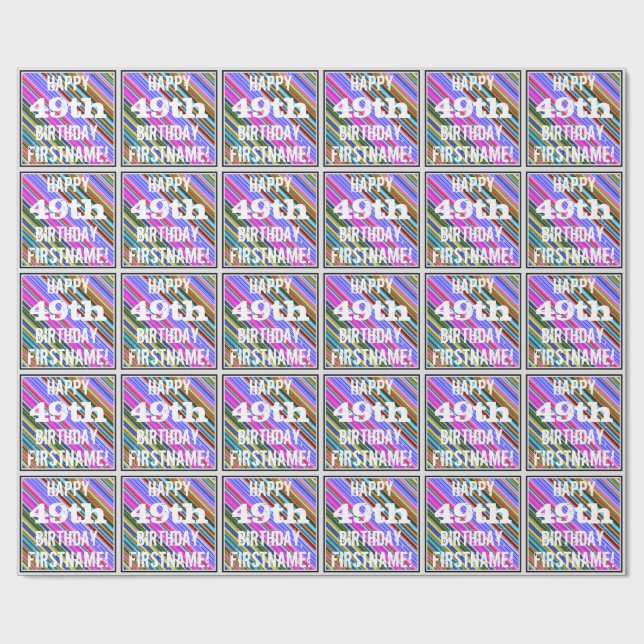 Vibrant, Colourful 49th Birthday + Custom Name Wrapping Paper (Flat)