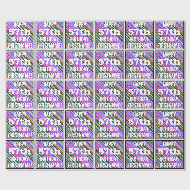 Vibrant, Colourful 57th Birthday + Custom Name Wrapping Paper (Flat)
