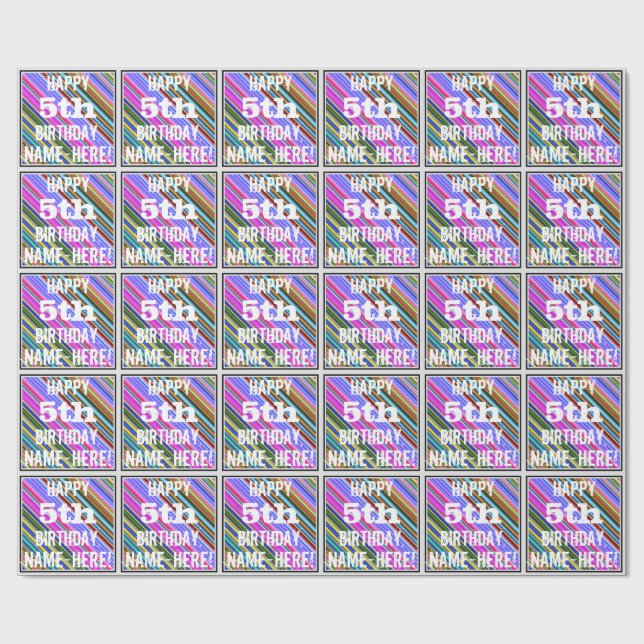 Vibrant, Colourful 5th Birthday + Custom Name Wrapping Paper (Flat)