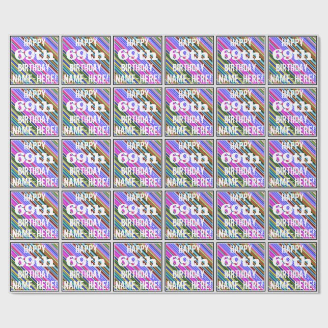 Vibrant, Colourful 69th Birthday + Custom Name Wrapping Paper (Flat)
