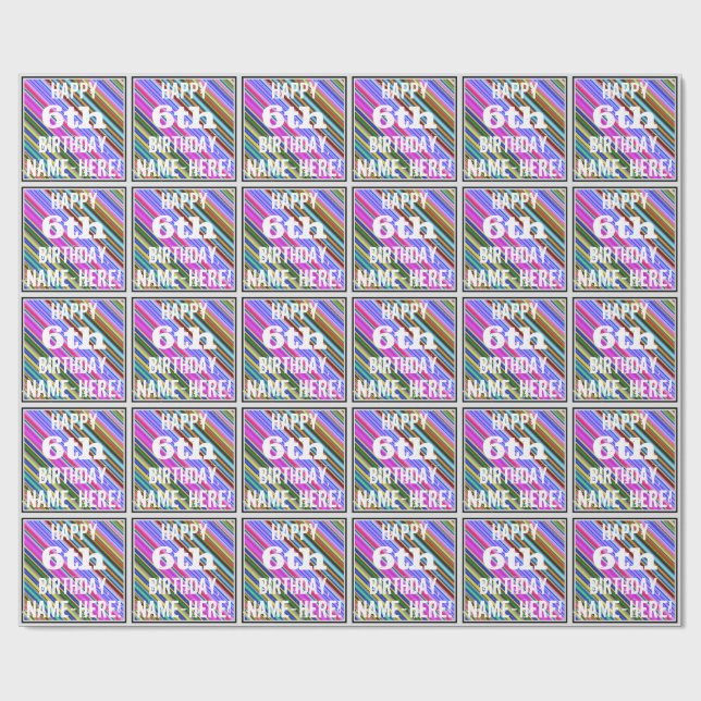 Vibrant, Colourful 6th Birthday + Custom Name Wrapping Paper (Flat)
