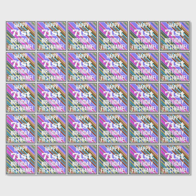 Vibrant, Colourful 71st Birthday + Custom Name Wrapping Paper (Flat)
