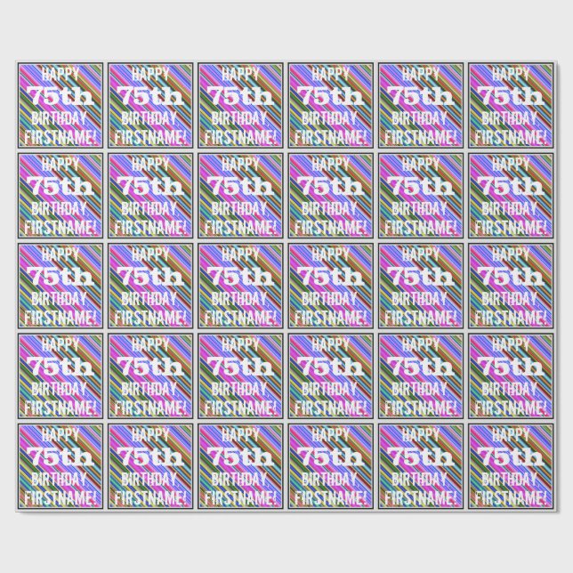 Vibrant, Colourful 75th Birthday + Custom Name Wrapping Paper (Flat)