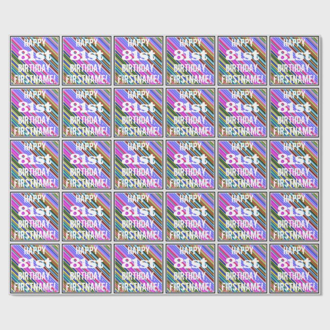 Vibrant, Colourful 81st Birthday + Custom Name Wrapping Paper (Flat)