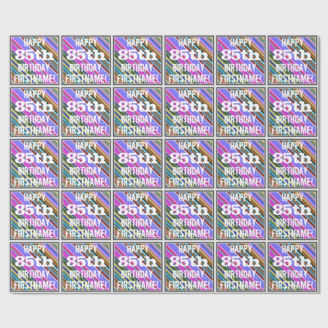 Vibrant, Colourful 85th Birthday + Custom Name Wrapping Paper (Flat)