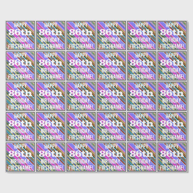 Vibrant, Colourful 86th Birthday + Custom Name Wrapping Paper (Flat)