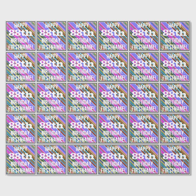 Vibrant, Colourful 88th Birthday + Custom Name Wrapping Paper (Flat)