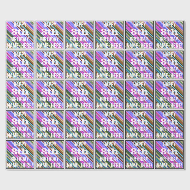 Vibrant, Colourful 8th Birthday + Custom Name Wrapping Paper (Flat)
