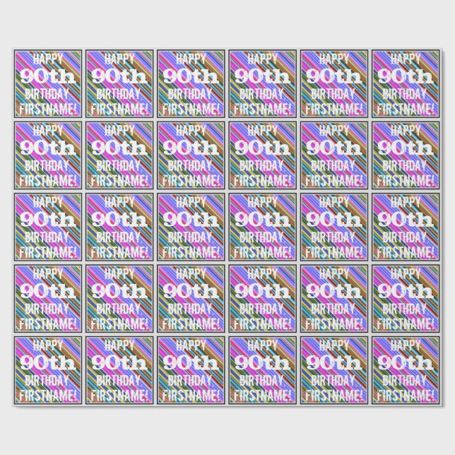 Vibrant, Colourful 90th Birthday + Custom Name Wrapping Paper (Flat)