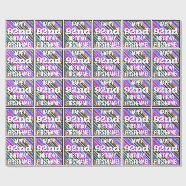 Vibrant, Colourful 92nd Birthday + Custom Name Wrapping Paper (Flat)