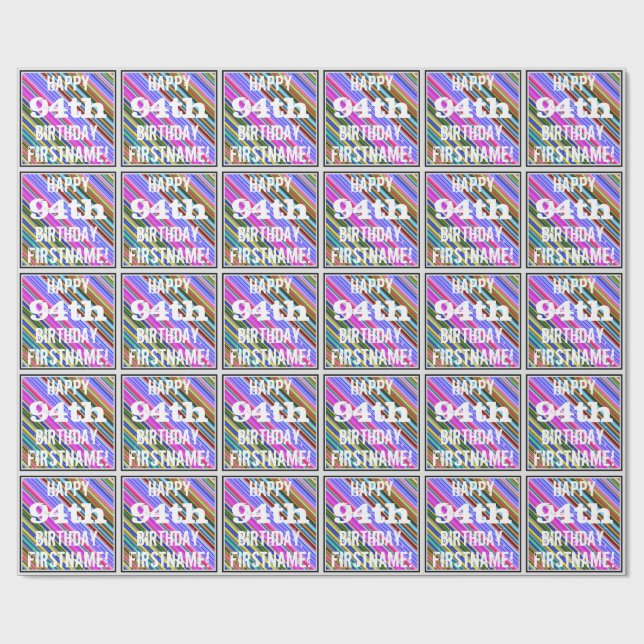 Vibrant, Colourful 94th Birthday + Custom Name Wrapping Paper (Flat)