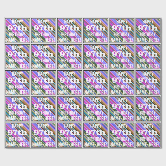 Vibrant, Colourful 97th Birthday + Custom Name Wrapping Paper (Flat)