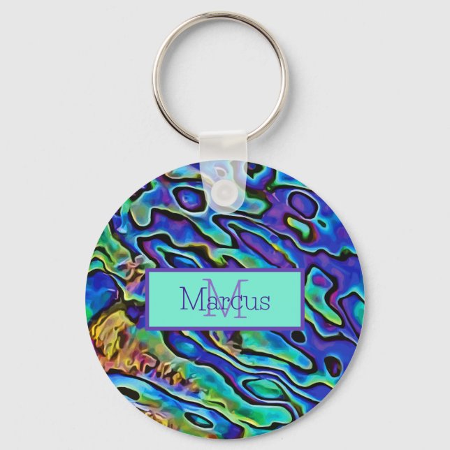 Vibrant, Colourful Abalone Shell Monogrammed Key Ring (Front)