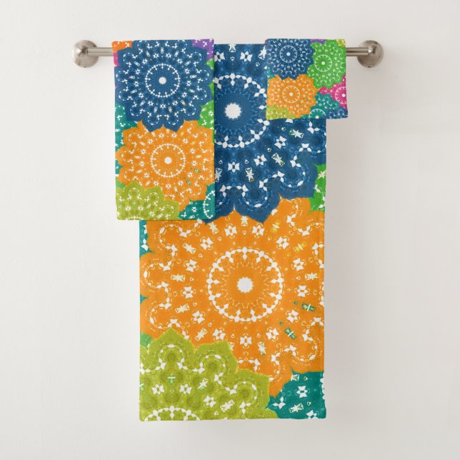 Vibrant Colourful Abstract Flowers Bath Towel Set (Insitu)