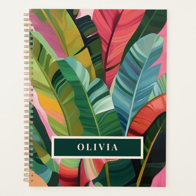 Vibrant colourful abstract painterly tropical leaf planner (Front)