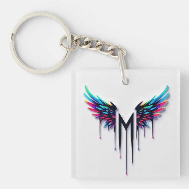 Vibrant Colourful Angel Wings M Monogram Graphic Key Ring (Front)