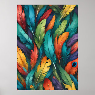 Vibrant Colourful Boho Feather Pattern Poster