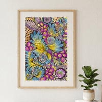 Vibrant Colourful Boho Floral Feather Doodle Art