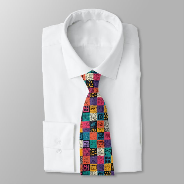 Vibrant Colourful Box Pattern Tie (Tied)
