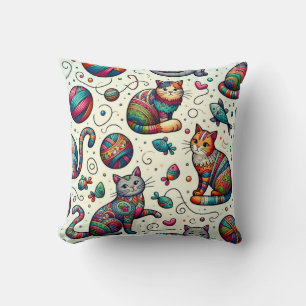 Vibrant Colourful Cat Pattern Pillow Stylish