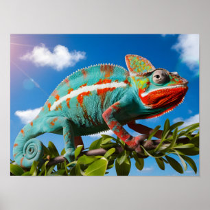 Vibrant Colourful Chameleon on a Blue Background Poster