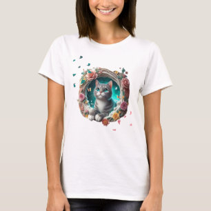 Vibrant Colourful Cute Whimsical 3D Cat T-Shirt