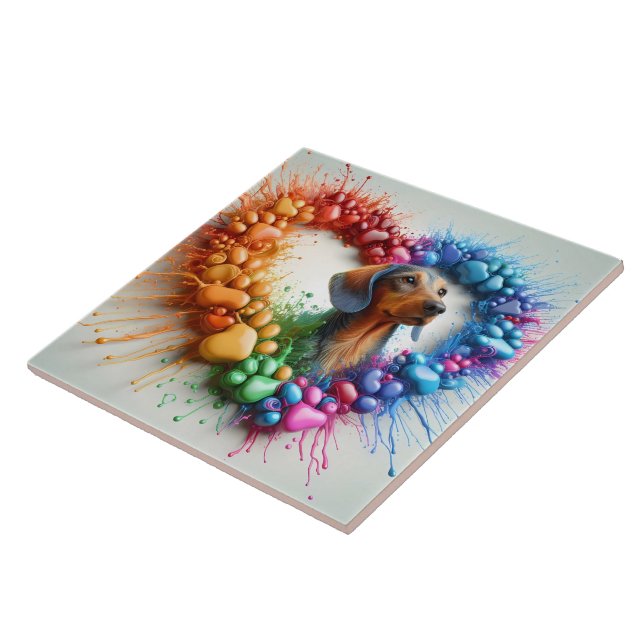 Vibrant Colourful Dachshund Paw Print Design Tile (Side)
