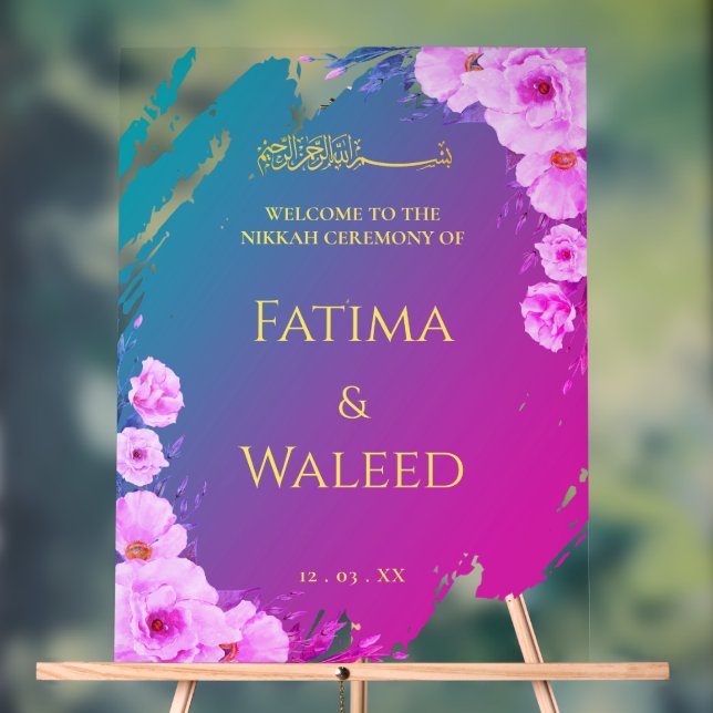 Vibrant Colourful Floral Muslim Nikkah Welcome Sig Acrylic Sign (Neutral)