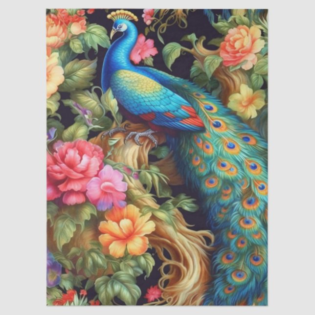 Vibrant Colourful Floral Peacock Decoupage Tissue Paper (Front)