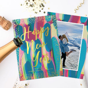 Vibrant Colourful Happy New Year Photo Foil Holiday Card