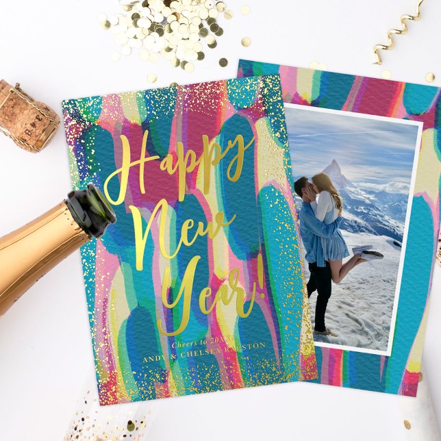Vibrant Colourful Happy New Year Photo Foil Holiday Card (Creator Uploaded)