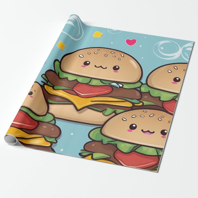 Vibrant Colourful Kawaii Cheeseburgers Wrapping Paper (Unrolled)
