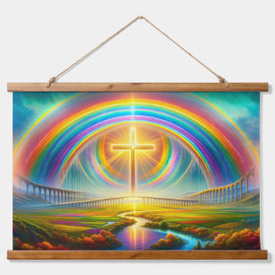 Vibrant Colourful Landscape with Rainbow and Cross Hanging Tapestry