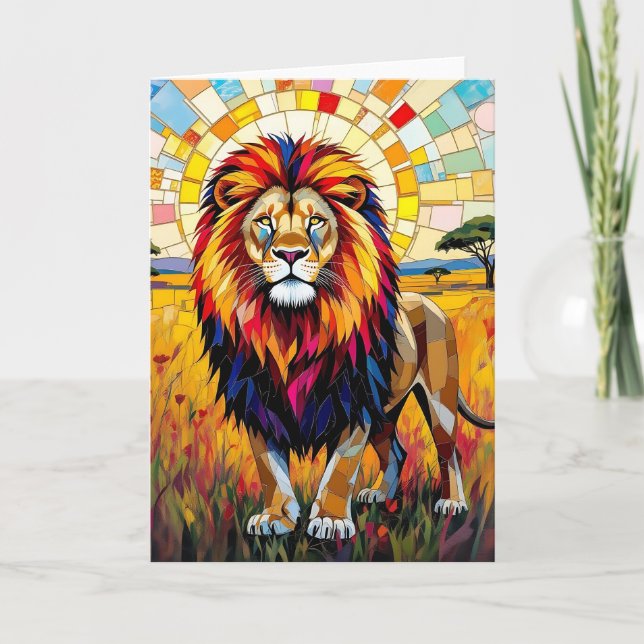 Vibrant Colourful Lion Mosaic Birthday Card (Front)