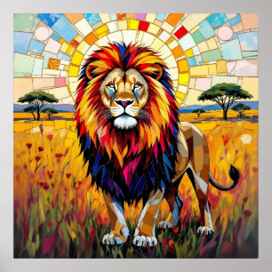 Vibrant Colourful Lion Mosaic   Poster