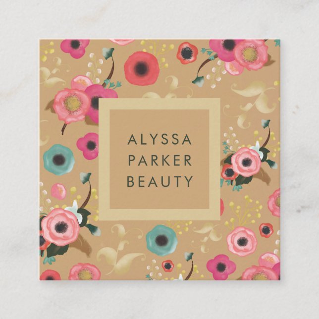 Vibrant | Colourful Modern Floral in Gold Square Business Card (Front)