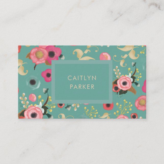 Vibrant | Colourful Modern Floral in Teal Business Card (Front)