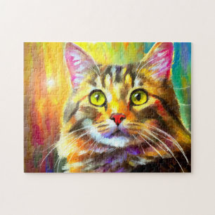 Vibrant, Colourful, Orange Grey Tabby Cat Painting Jigsaw Puzzle