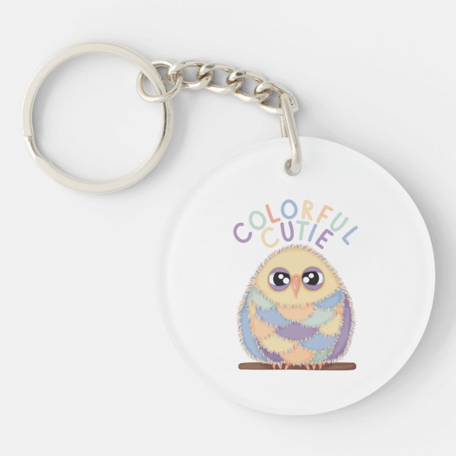 Vibrant Colourful Owl with Text Key Ring (Front)