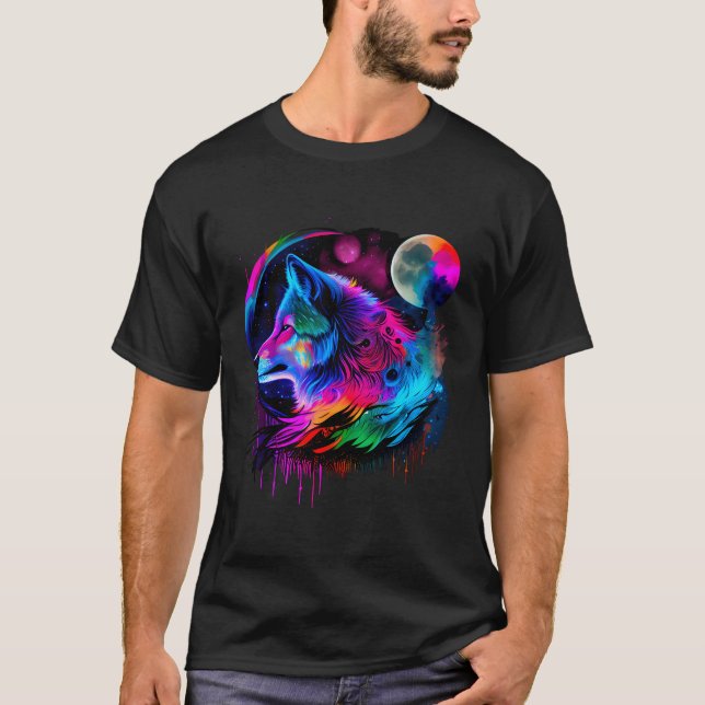Vibrant Colourful Paint Wolf Face Wilderness T-Shirt (Front)