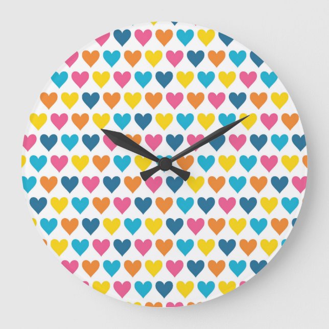 Vibrant Colourful Rainbow Hearts Large Clock (Front)