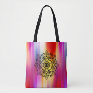 Vibrant Colourful Rays & Black Mandala Tote Bag