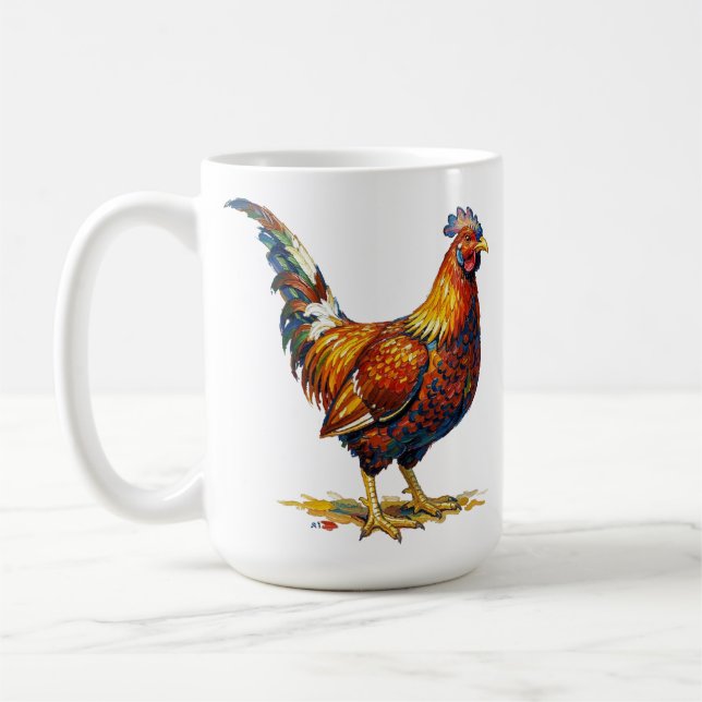 Vibrant Colourful Rooster Illustration Artwork Coffee Mug (Left)